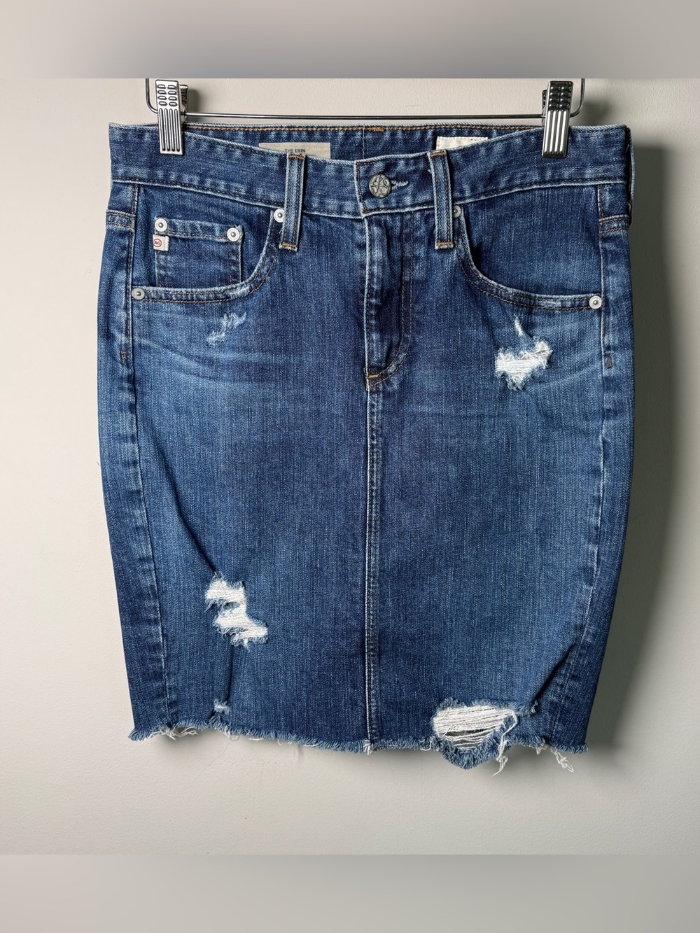 AG Adriano Goldschmied Erin Denim Pencil Skirt Size 26 | Distressed Raw Hem